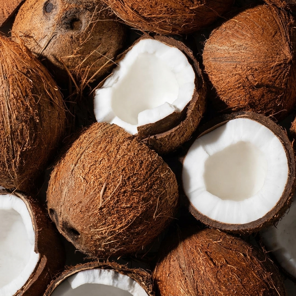 Halved raw coconuts